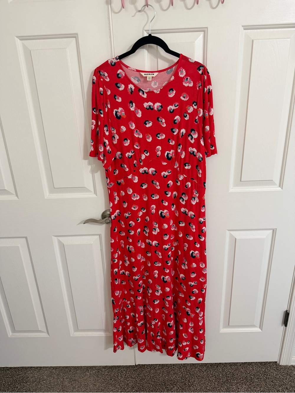 Boden 12R Red Floral Maxi Dress Elbow Sleeve Fit Flare Cottagecore